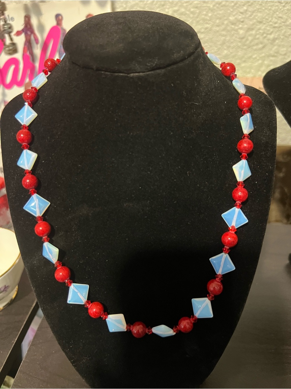 Red and Light Blue Beaded Women's Necklace